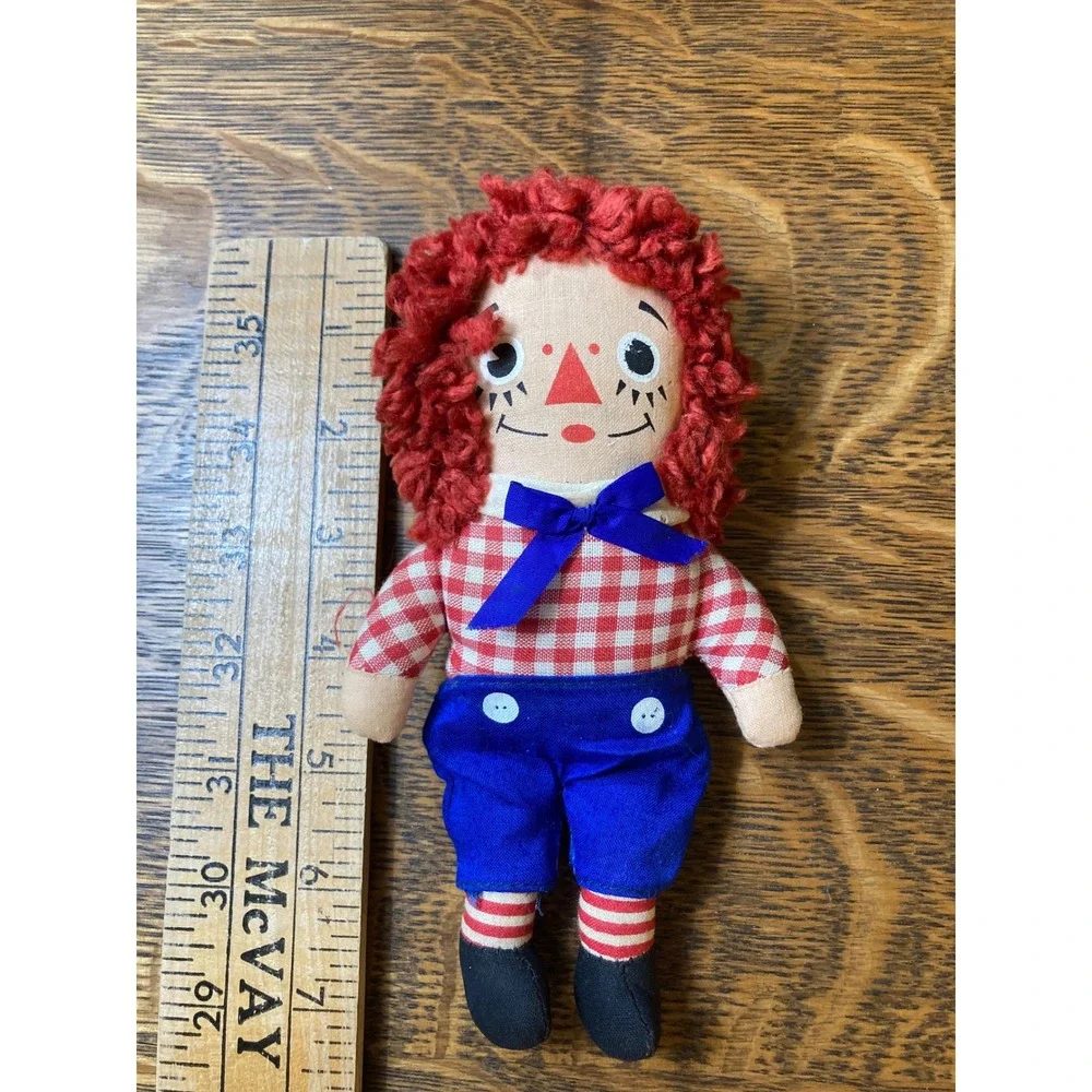 Vintage Raggedy Andy 7 Inch Mini Plush Cloth Doll Red Yarn Hair Gingham Shirt